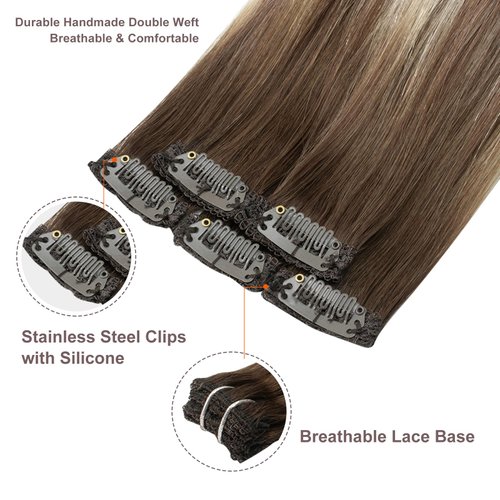FUBILI Clip in Real Hair Extensions Brown Balayage Clip on Hair Extensons 22 Inch Long Natural Hair Extensions Double Weft30g