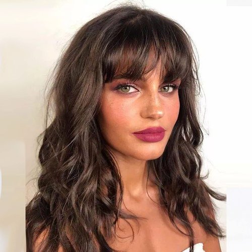 HAIRCUBE Short Brown Wavy Bob Wig With Bangs,Shoulder Length Wigs for Women Short Curly Women's Wigs Natural Looking Heat Resistant Synthetic Wigs for Party Cosplay Halloween