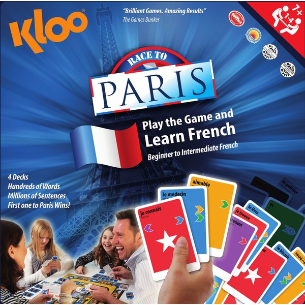 KLOO Learn French Board & Card Game Race to Paris | Fun for Family Kids Adults School | Play & Talk French Language | 4 Decks, Speak 100's of Words & Vocabulary in a Flash | Boardgame, 1–4 Players