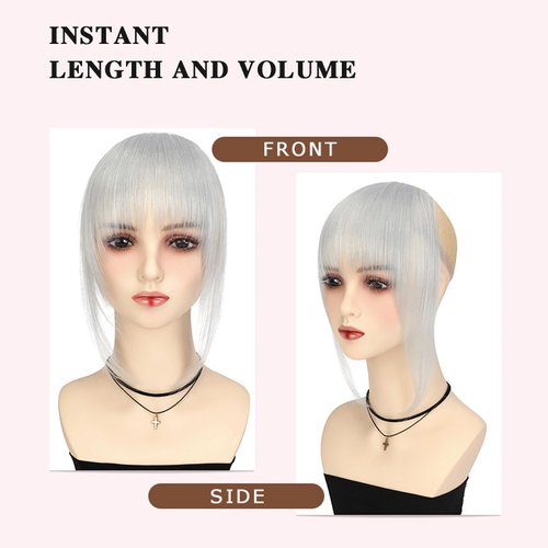 VANANGA French Hair Bangs Clip on, Silver Grey Long Wispy Bangs Hair Clip with Temples Natural Fringe Neat Bangs Hair Clip Hair Piece Long Bangs Clip in Hair Extensions for Women(Silver Grey)