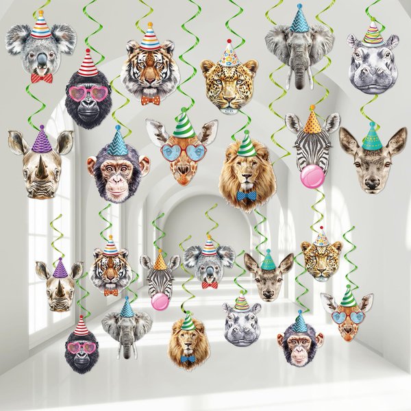 60PCS Jungle Animals Birthday Decorations Wild One Hanging Swirls Ceiling Streamers Decor Forest Theme Foil Swirls Ceiling for Boys Girls Baby Shower Safari Wild Animals Birthday Party Supplies