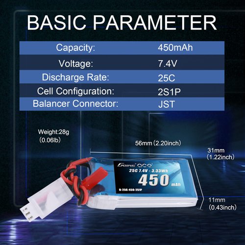 Gens ace 7.4V 450mAh 2S LiPo Battery Pack 25C/50C with JST Plug for Emax Babyhawk RC Heli 250 Helicopter Small Airplane Micro FPV Racing Drone Quadcopter
