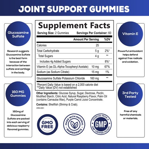 Joint Support Supplement - Extra Strength Glucosamine Joint Support Gummy - Joint Health Support & Flexibility for Back, Knees, & Hands - Vitamin E for Immune Support for Women & Men - 120 Gummies