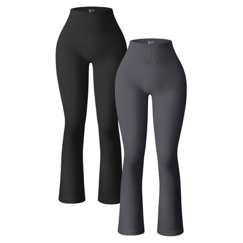OQQ Women's 2 Piece Yoga Pants Ribbed Seamless Workout High Waist Bell Bottoms Flare Leggings Black Darkgrey