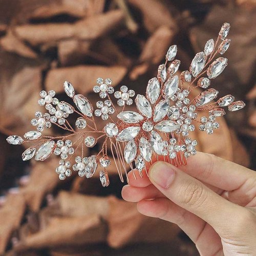Yean Crystal Bride Wedding Hair Comb Rose Gold Flower Bridal Hair Piece Rhienstone Hair Accessories for Women and Girls (Rose gold)