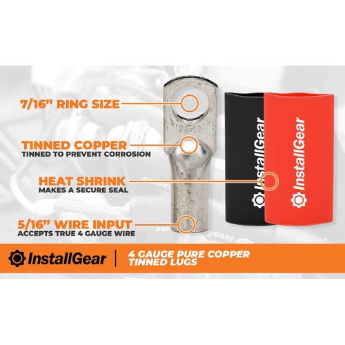 InstallGear 4 Gauge AWG Tinned Pure Copper Lugs Ring Terminals Connectors with Heat Shrink - 10-Pack | Electrical Connectors, Heat Shrink Wire Connectors for 4 Gauge Wire Terminals
