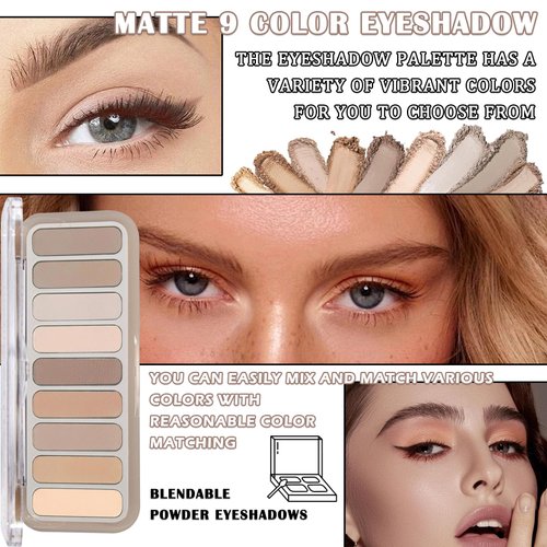 LJYBoBin 9 Colors Eyeshadow Palette,Matte Blendable Eyeshadow Makeup Palettes with Brush Make Up Gift Kit,Long Wearing Waterproof Highly Pigmented Brown Nude Smoky Brown Eye Shadow Palettes