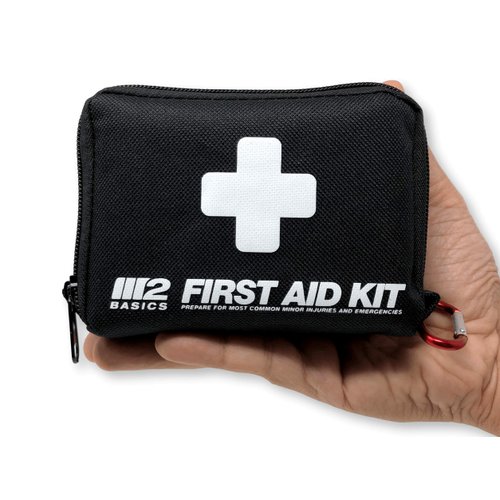 M2 BASICS Compact 150 Piece First Aid Kit w/Carabiner, Emergency Blanket | Medical Survival Bag | Full of Supplies for Home, Office, Outdoors, Car, Camping, Travel
