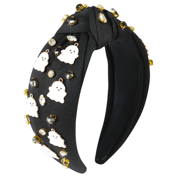 Gmmidea Halloween Ghost Headbands for Women Girls Cute Spooky Beaded Crystal Rhinestone Knotted Headband Ghost Costume Hair Accessories Halloween Holiday Cosplay Party Favors