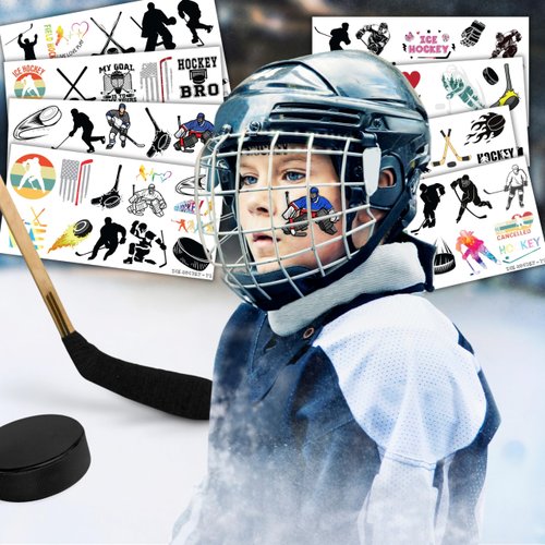 Ice Hockey Temporary Tattoos Birthday Party Supplies Decorations 96PCS Tattoos Stickers Hockey Fans Sport Winter Cute Party Favors Kids Boys Girls Gifts Classroom School Prizes Themed