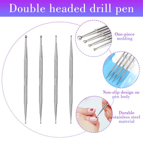 Jeffdad Nail Dotting Tool, 4 Pcs Professional Double-ended Nail Art Tools with Box, Dot Pen Metal Dot pen Nail Polish Paint Pen Dot Diamond Pattern Stainless Steel Dotting Tools Nail art(silver)