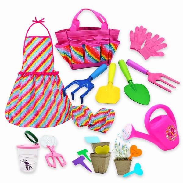 Kkmon Kids Gardening Tool Set,23pcs Garden kit for Toddler with Apron, Gloves,Shovel,Rake,Watering Can,Tote Bag and Bug Catching Set- Garden Toys for Boy Girl 3+ Outdoor Indoor Play Gift.