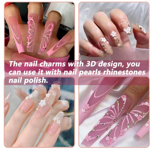 3D Flower Nail Charms - Pink and White, Gold and Silver Beads, Pearls - Nail Art Design, Nail Art Accessories, Designer Nail Charms