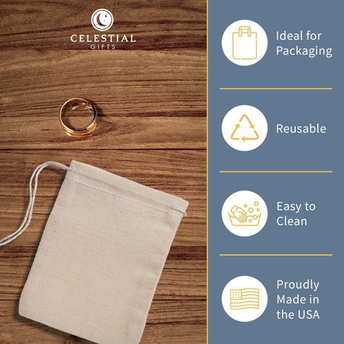 Celestial Gifts Muslin Bags - 100% Cotton Drawstring Bags Medium 50pcs, 5x7, Reusable Tea Bags, Jewelry Gift, Spice and Pouch Gift Sachet Bags - Made in USA - (Natural Hem and Drawstring)