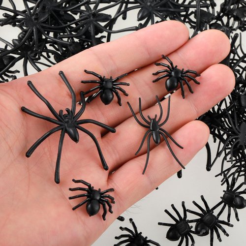 Bewudy 120 Pcs Mini Plastic Spiders, Realistic Black Mini Fake Spiders Halloween, 3 Sizes Terror Prank Props for Home and Halloween Party Decorations