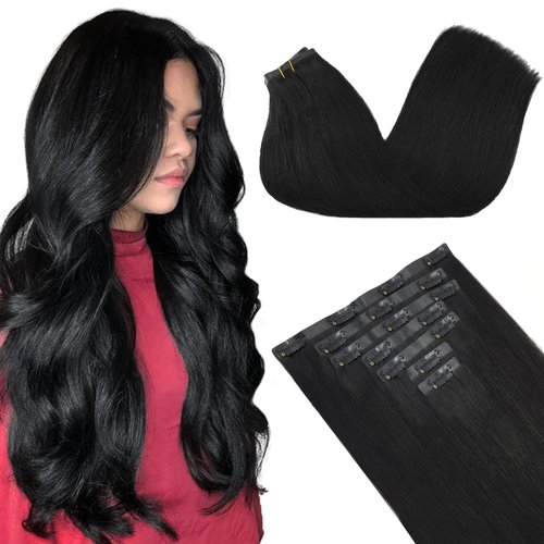 GOO GOO Clip in Hair Extensions Real Human Hair, 16inch 130g 7Pcs, 1 Jet black, Remy Human Hair Extensions Clip ins for Women, Natural Human Hair