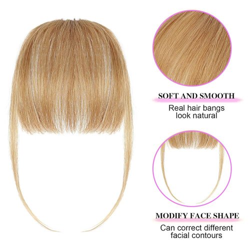 Human Hair Wispy Bangs Clip in Hair Extensions Blonde Air Bangs Fringe with Temples Hairpieces for Women Curved Bangs for Daily Wear(30# Blonde Bangs)