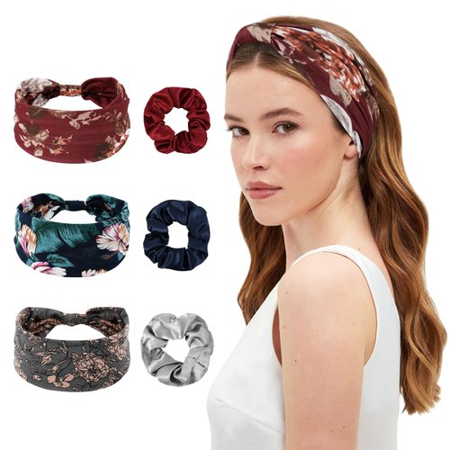 DOCILA Wide Headbands For Women & Purecolor Silk Scrunchie Set Fashion Floral Boho Hairbands Stretchy Knotted Head Bands Chunky Cloth Hair Ties Hair Bands Accessories