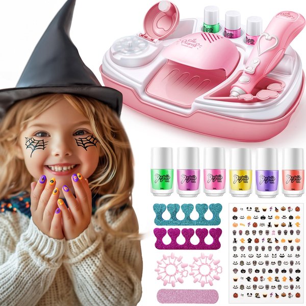 Geyiie Nail Polish Set Toys with Halloween Glitter, Nail Art Kits with Nail Dryer Glitter Pen for Girls Age 3-12, Make Up Toys False Nails Nail Decals Toe Separator, Party Favors Gift