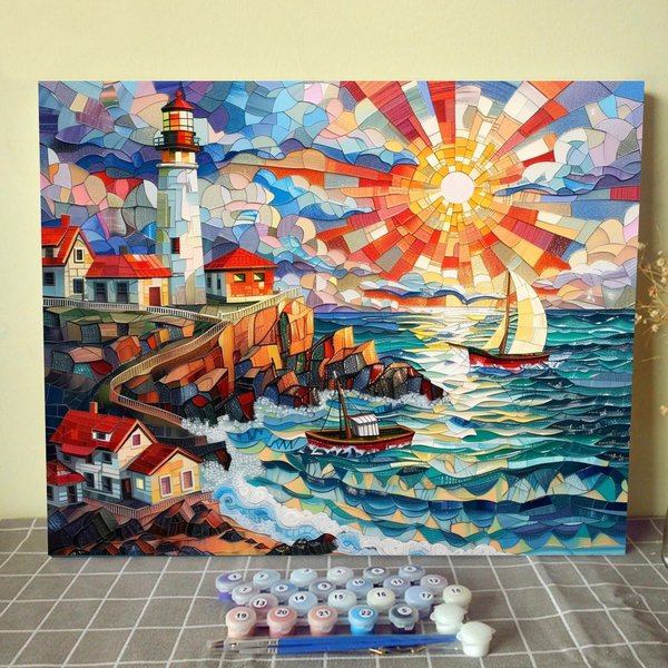 Lighthouse and Red House Paint by Numbers Kits with Brushes and Acrylic Pigment on Canvas Painting for Adults,Seascape at Sunset Picture Home Office Decor Boat/Ship Gifts 16''x20''(DIY Framed)