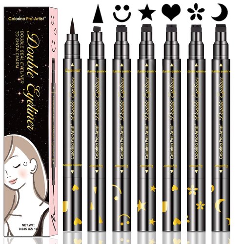 LemonSac 6 Pcs Double-sided Liquid Eyeliner Pen, with Eye Makeup Stamp Super Slim Gel Felt Tip, Waterproof Smudgeproof Long Lasting Eye Tattoo -Heart/Moon/Star/Flowers/Smiley/Triangle (6PCS)