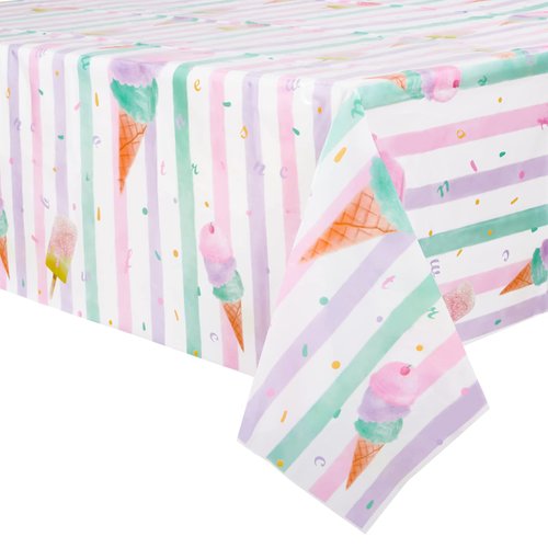 WERNNSAI Ice Cream Party Table Cover - 2PCS 54” X 108” Disposable Rectangular Plastic Tablecloth Ice Cream and Popsicle Themed Party Supplies Kids Girls Birthday Baby Shower Wedding Party Decorations