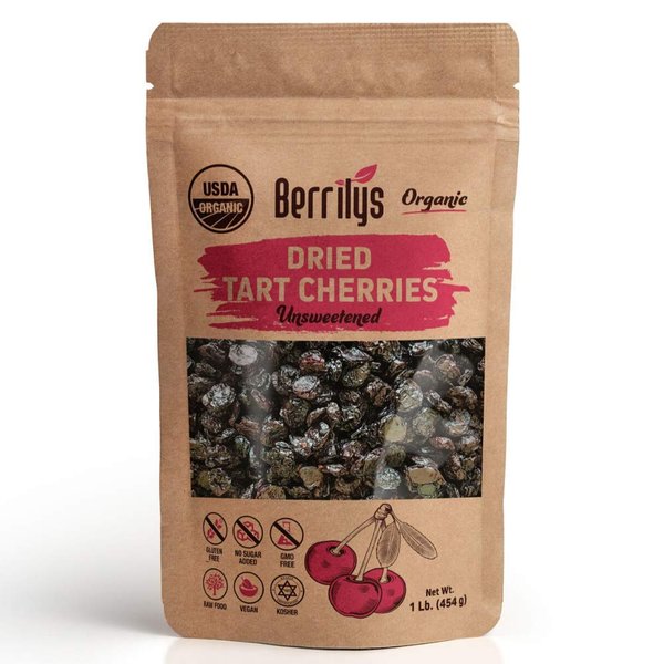 Berrilys Organic Dried Tart Cherries, 1 lb, Pitted, Non-GMO, Kosher, Unsulfured, No Added Sugar