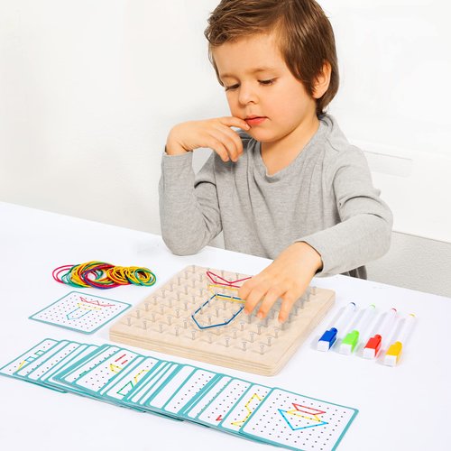 Auvewilo Wooden Geoboard with Rubber Bands, STEM Educational Toy for Spatial Reasoning and Fine Motor Skills Kids 3 Years+