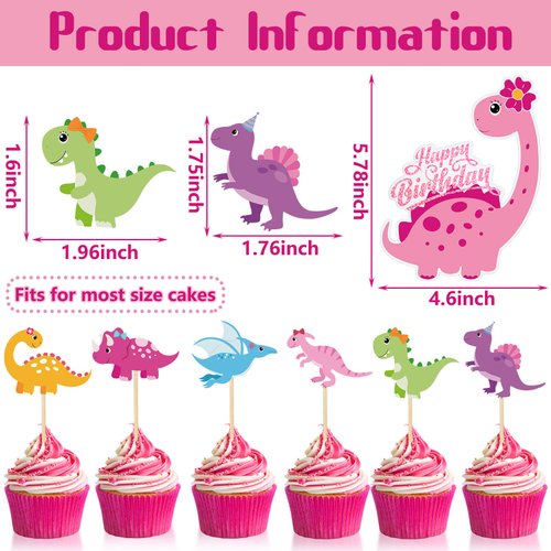 37 Pieces Pink Dinosaur Cake Toppers for Girls Dinosaur Cupcake Toppers Girls Birthday Party Decorations Colorful Dinosaur Cake Decorations for Kids Birthday Girl Baby Shower Dino Theme Party Supplies