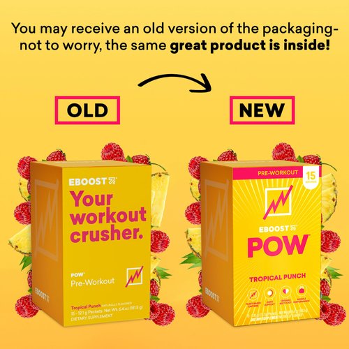 EBOOST POW Natural Pre Workout Powder – 15 Packets - Tropical Punch - A Pre Workout Supplement for Performance, Joint Mobility Support, Energy, Focus - Men & Women - Non-GMO, Gluten-Free, No Creatine