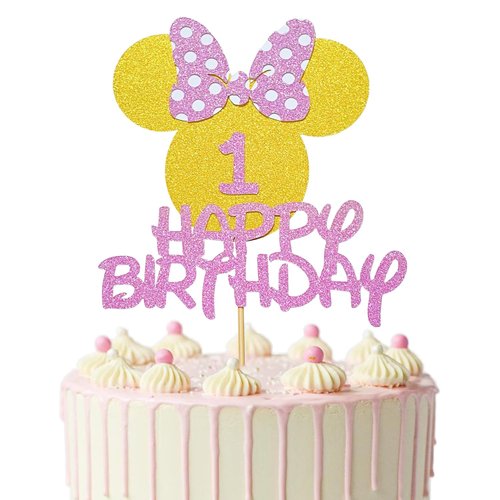 Minnie 1st Birthday Cake Topper Mouse Happy Birthday Cake Topper for 1 Year Old Girls Birthday Cake Decorations Party Supplies