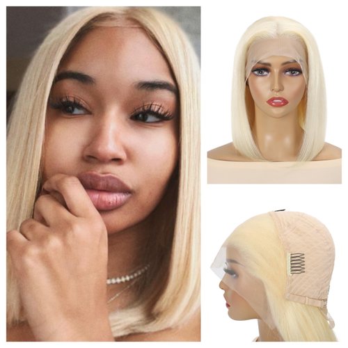 613 Blonde Bob Wig 180% Density 13x4 Lace Front Wigs Human Hair HD Transparent Lace Pre-plucked Bleached Knots Lace Front Wig With Baby Hair Straight Lace Front Wigs (10inch, #613 platinum blonde)