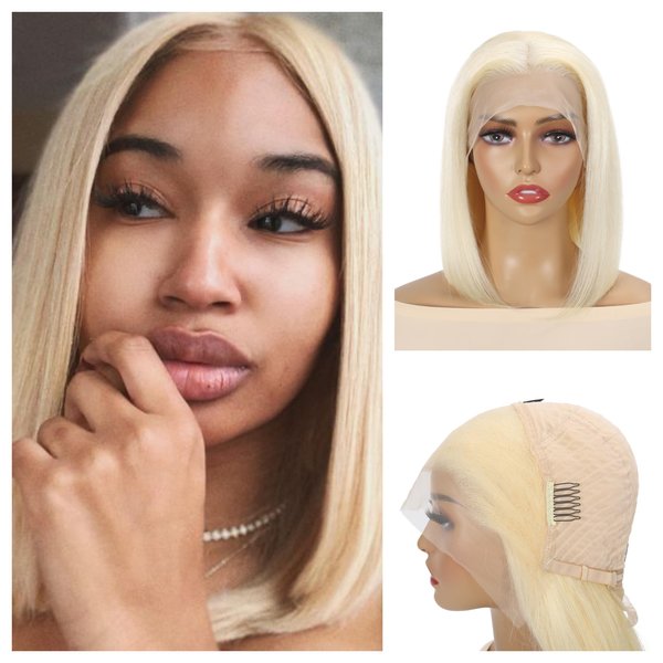 613 Blonde Bob Wig 180% Density 13x4 Lace Front Wigs Human Hair HD Transparent Lace Pre-plucked Bleached Knots Lace Front Wig With Baby Hair Straight Lace Front Wigs (10inch, #613 platinum blonde)