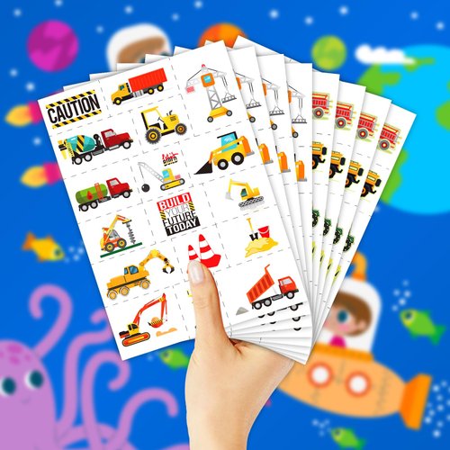 EMOME Temporary Tattoo - Glow + Metallic Glitter Style Tattoos for Kids Party Supplies, Temp Tattoos Sticker for Boys Girls, Birthday Party Favor Decorations Accessories (Construction)