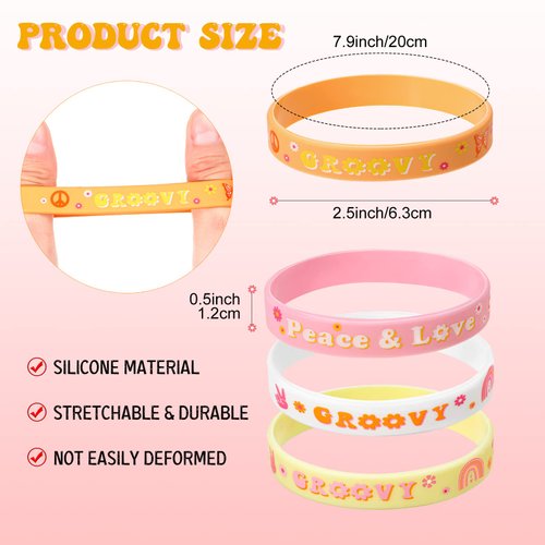 28 Pieces Groovy Retro Hippie Silicone Wristbands Daisy Flower Peace and Love Rubber Bracelets Groovy Daisy Party Favors for Kids adults 60s 70s Two Groovy themed Birthday Party Decoration Supplies