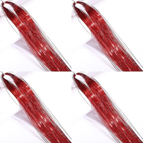 Red Hair Tinsel 800 Strands 47 Inch Fairy Hair Tinsel with Tools for Christmas New Year Halloween Glitter Tinsel Hair Extensions for Women and Girls (Red)