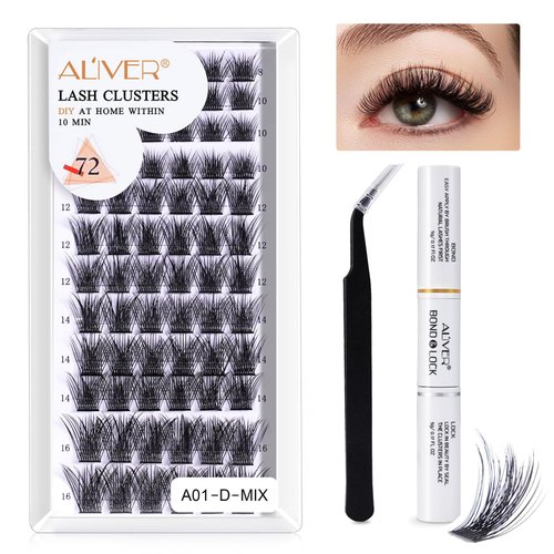 DIY Lash Extension Kit - Individual Lash Clusters 72pcs, D Curl Eyelash Extension Kit 30D 40D,8-16mm Mix Lash Clusters with Strong Hold Lash Bond and Seal Tool and lash tweezers