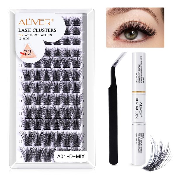 DIY Lash Extension Kit - Individual Lash Clusters 72pcs, D Curl Eyelash Extension Kit 30D 40D,8-16mm Mix Lash Clusters with Strong Hold Lash Bond and Seal Tool and lash tweezers