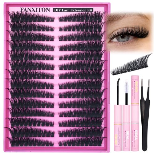 Volume Lash Clusters Kit Thick Cluster Eyelashes Extensions Fox Eye Lash Extensions Eyelash Clusters Kit C Curl Cat Eye DIY Individual Lashes with Lash Bond and Seal and Lash Tweezers