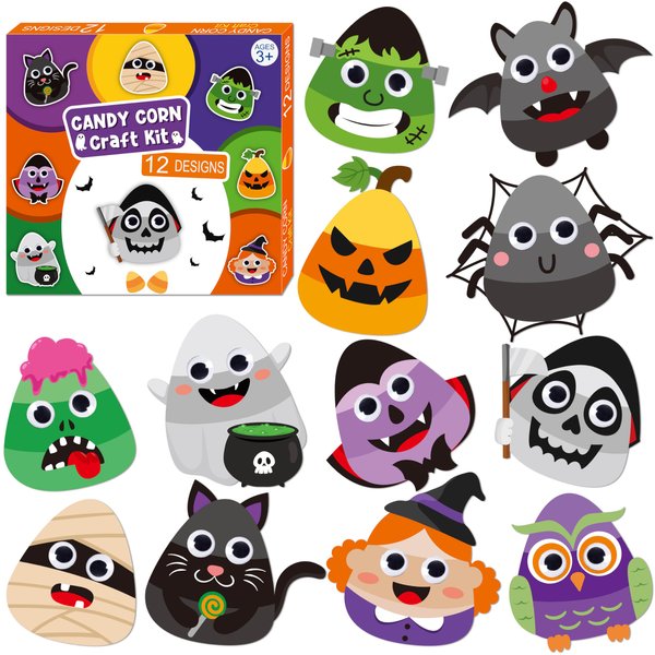 WATINC Halloween Candy Corn Art Craft - Halloween Pumpkin Witches Zombie DIY Craft Kit, Bats Spiders Themed Candycorn Arts Supplies Preschool Classroom Activity Party Favors for Kids Toddlers (12pcs)