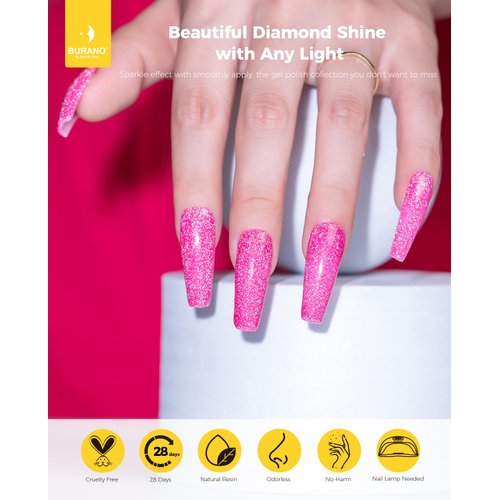 BURANO Reflective Gel Nail Polish, 7.3ml Reflective Diamond Nail Glitter Gel Polish, Sparkly Color Gel Polish Holographic Glitters Shiny Gel Polish UV Lamp Required (Hot Pink SZ9)