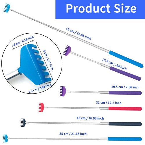 4Pcs Portable Extendable Back Scratcher,Telescoping Back Scratcher for Women,Metal Stainless Massager Backscratchers for Men with Rubber Handle,Scratcher Black Bag Useful Gifts,Red Blue Purple Black