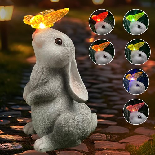 Okayera Bunny Outdoor Decor, Solar Rabbit Garden Statue, Unique Outside Lawn Animal Ornaments for Patio Clearance Balcony Court, Great Housewarming Gifts to Mom Women Birthday Mother's Day