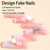 Long Square Press on Nails French Tip Fake Nails with Charm Bow Camellia Designs Full Cover Artificial Glossy Stick on Nails Extra Long False Nails with Glitter Pearl Designs for Women