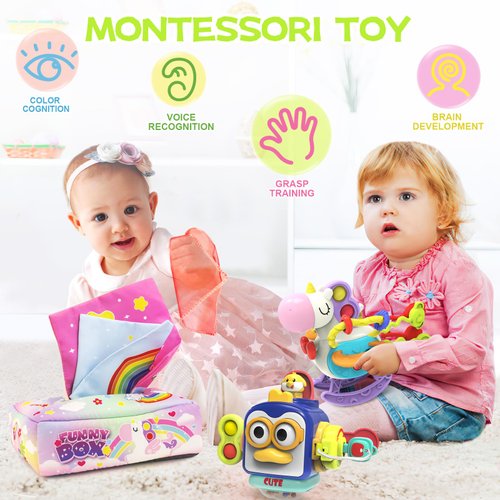 Babies Toys for 12 Months,Sensory Toys for Toddlers 1-3, 3 in 1 Activities Busy Cube,Pull String Teether and Baby Tissue Box Toy,Infant Toddlers Toy Gifts for 1 2 3 Year Old Boys Girls