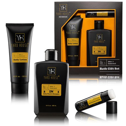 Gift Baskets For Men Bath and Body Gift Set - Sandalwood Amber - Premium Mens Skincare Kit for Him With Body Wash Shampoo, Body Lotion, Lip Balm - Bath Wash Set for Christmas Fathers Day Gift Ideas