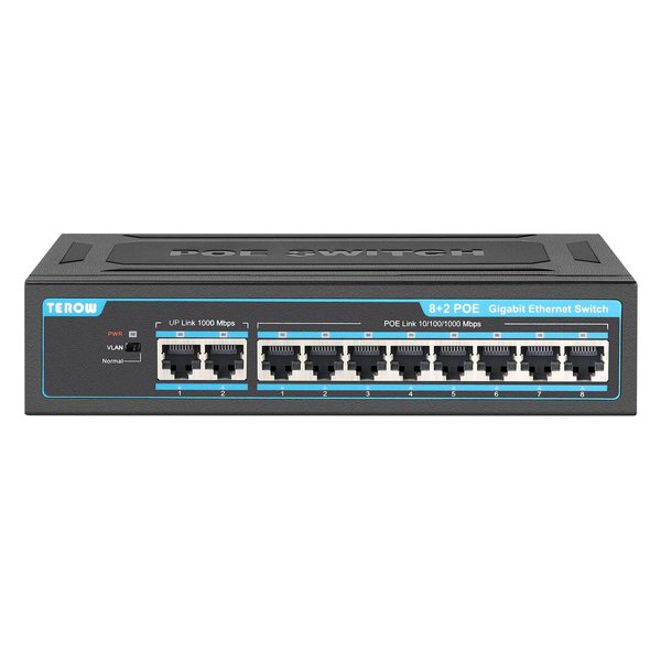 TEROW 10-Port Gigabit PoE+ Network Switch: Featuring 8 PoE+ Ports, 2 Enhanced Uplink Ports, 802.3af/at Compliant, Plug & Play, with Shielded Ports, Traffic Optimization, and Silent Fanless Design