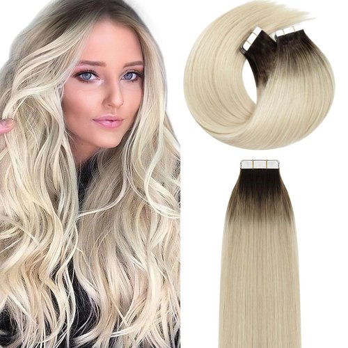 Lacer Human Hair Tape in Extensions Darkest Brown to Platinum Blonde Tape in Hair Extensions Human Hair 24 Inch 20pcs 50g Tape Hair Extensions Straight Seamless Skin Weft Real Human Hair