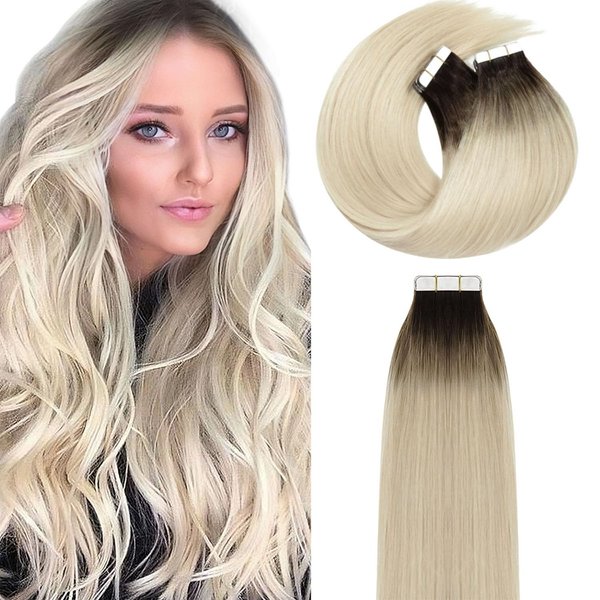 Lacer Human Hair Tape in Extensions Darkest Brown to Platinum Blonde Tape in Hair Extensions Human Hair 24 Inch 20pcs 50g Tape Hair Extensions Straight Seamless Skin Weft Real Human Hair