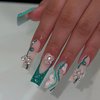BABALAL French Tip Press on Nails Long Square Fake Nails Green Bling Glue on Nails 3D Butterfly Heart Charm Acrylic Nails 24Pcs Squoval Luxury Full Cover False Nails